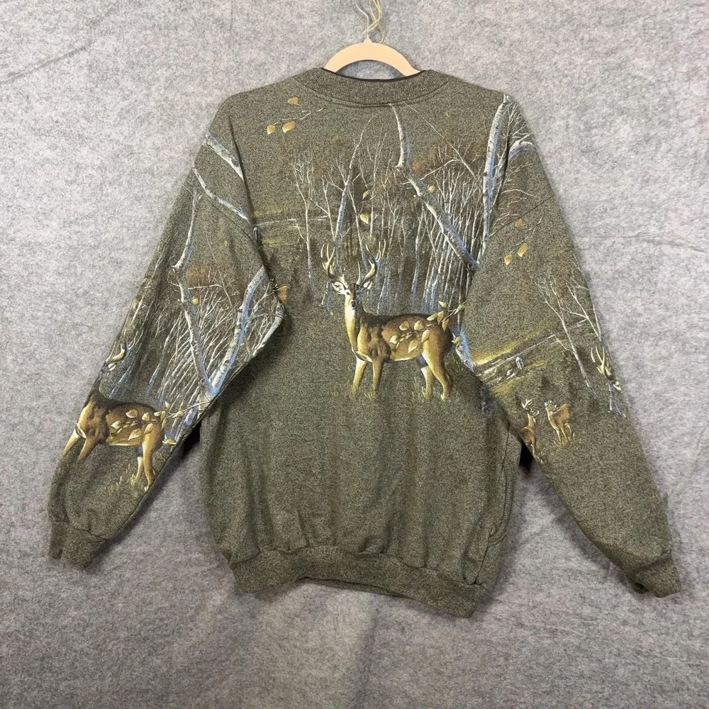 Forest Glen Apparel Henley Sweater Mens Sz L Green Deer Print USA VTG